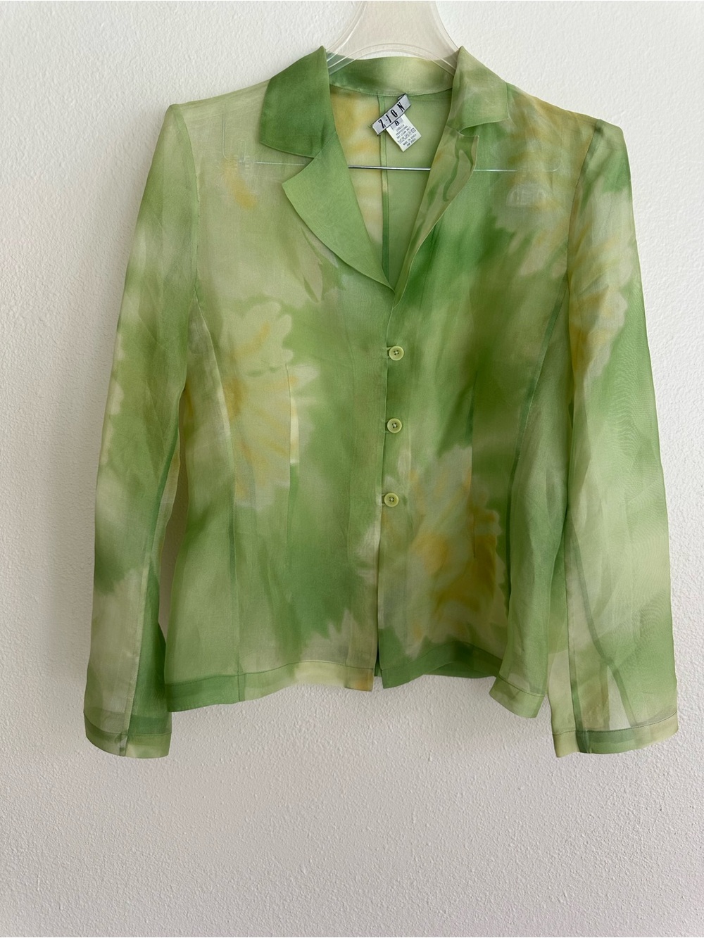 Sheer Silk Green Watercolor Ombré Button-Up Long Sleeve Tailored Blouse Size 8